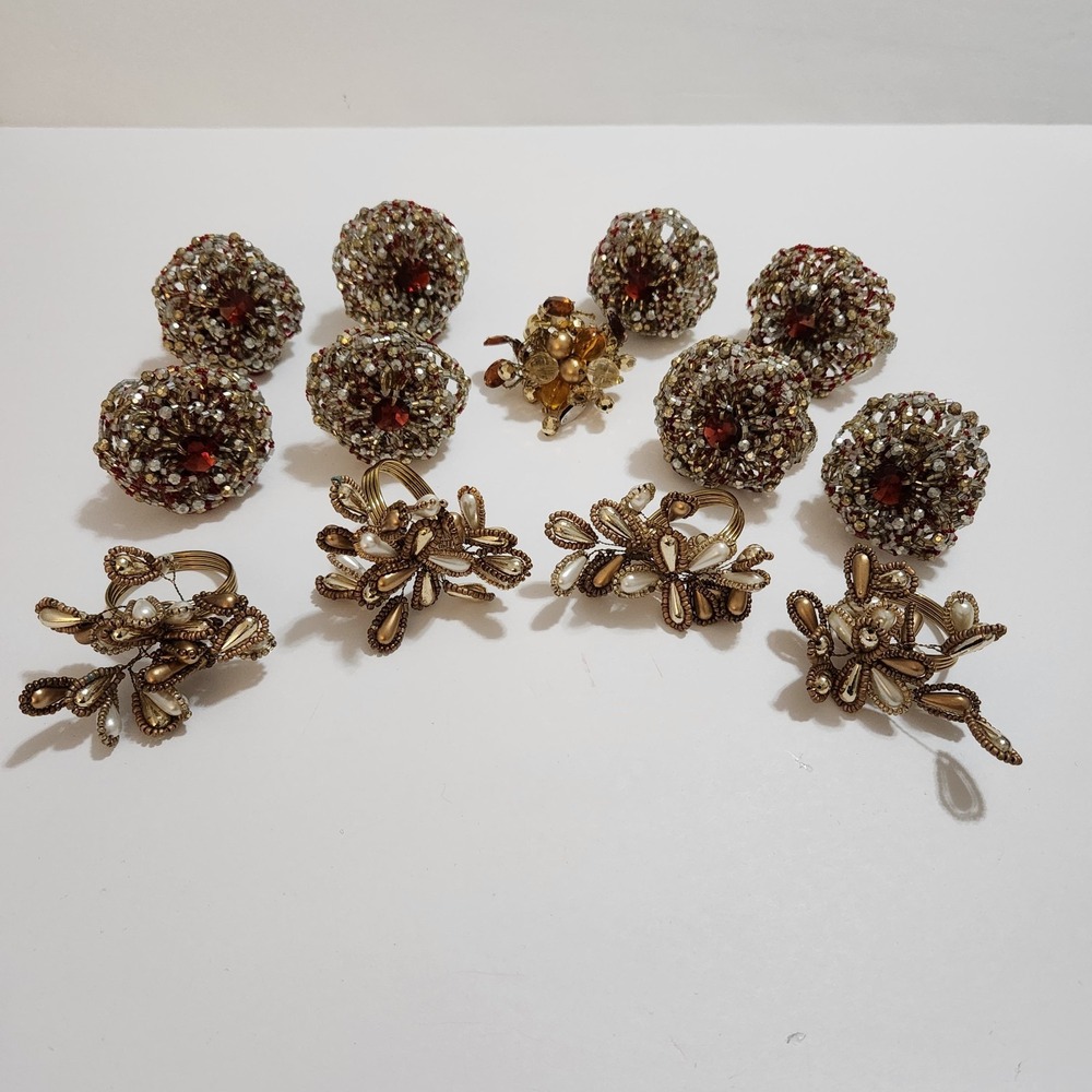Lot of 4 Kim Seybert & 9 Pier One Gold Tone Beaded baubles decore Napkin Rings